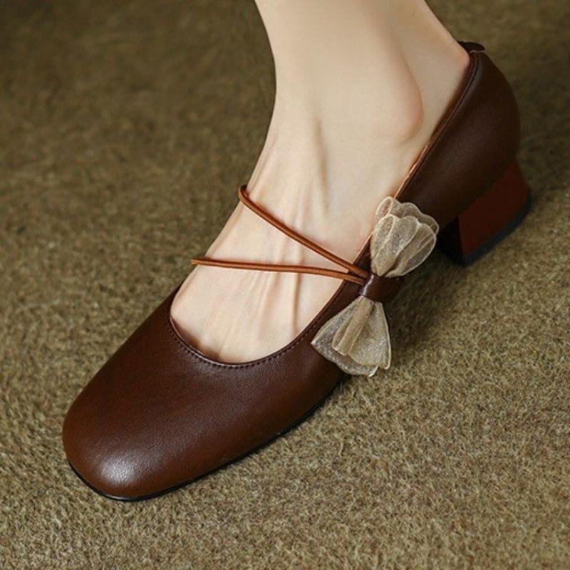 2024 Осенние ретро-туфли Мэри Джейн с завязками-бабочками, женские туфли на толстом каблуке с круглым носком, повседневные элегантные туфли-лоферы с неглубокой подошвой для женщин