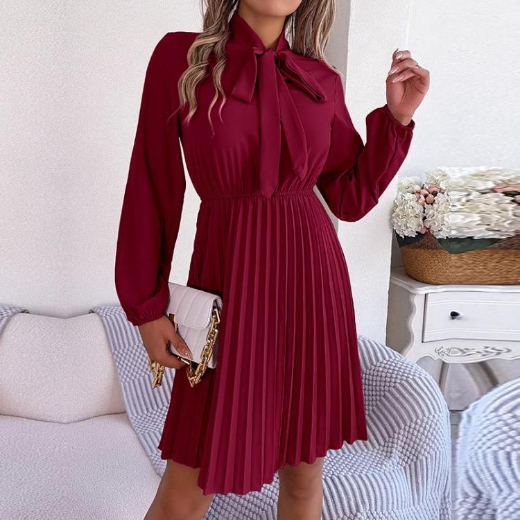Элегантное осенне-зимнее женское платье на шнуровке с высокой талией, длинным рукавом и плиссировкой, однотонное