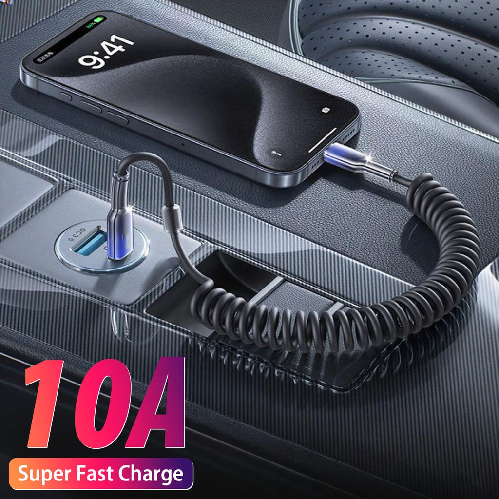Кабель быстрой зарядки 10А USB Type C, пружинный телескопический шнур для автомобильного зарядного устройства, для iPhone 17 16 15 Pro Max, Xiaomi, Huawei, кабели USB C