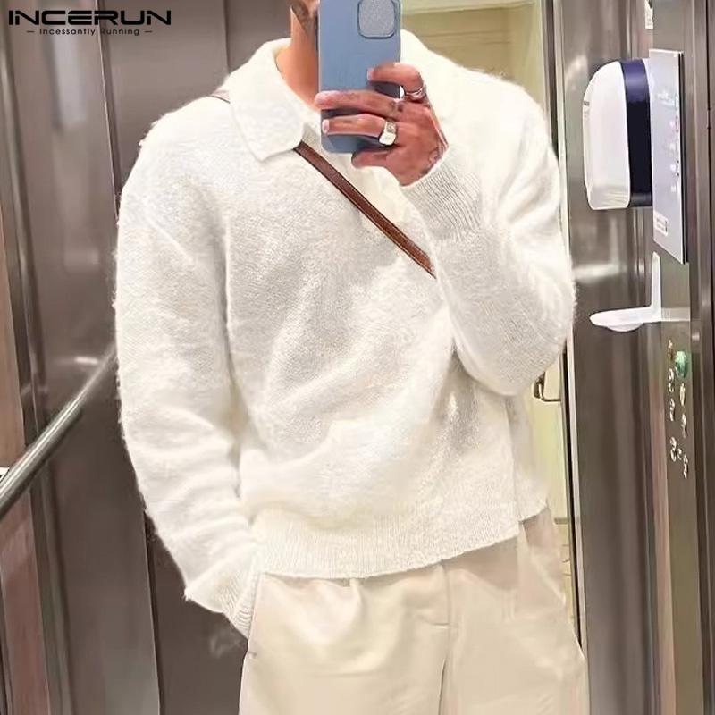 INCERUN Autumn Winter Men Lapel V Neck Long Sleeve Fleece Sweaters Warm Pullovers