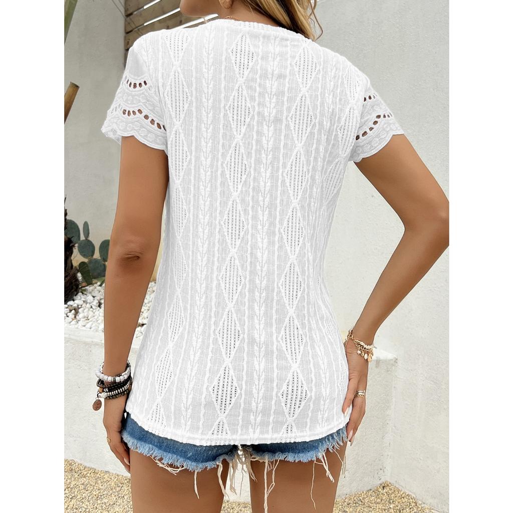 GMXIA Spring Summer Fashion Round Neck Hollow Short Sleeve Round Neck T-shirt Top Woman