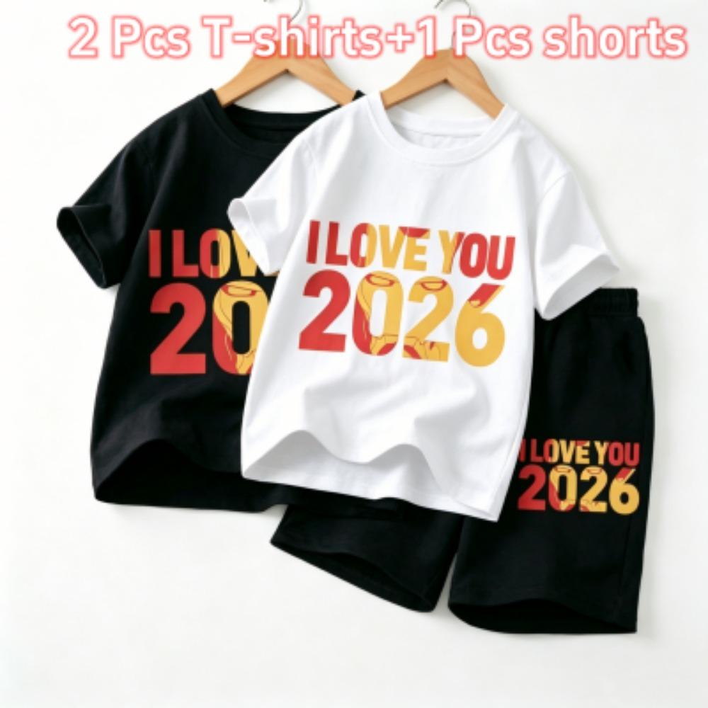 Fashion Letters I Love You 2026 Print Outdoor Street Kids T-shirt and Shorts Summer Home Casual Outfit Boy and Girl's Sports Set