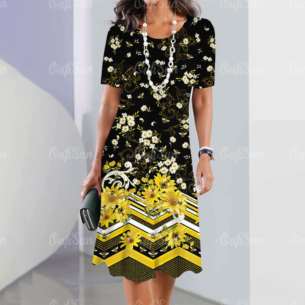 Elegant Women‘S Dress 3d Flowers Print Woman Clothing Casual Fashion A-Line Skirt Summer Oversized Female Beautiful Dresses 2024