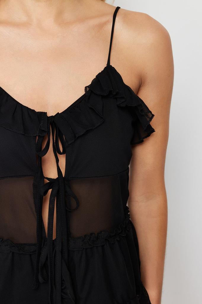 Women's Fashion New Blouse Black Tulle Tie Detailed Strap Stretchy Knitted Blouse