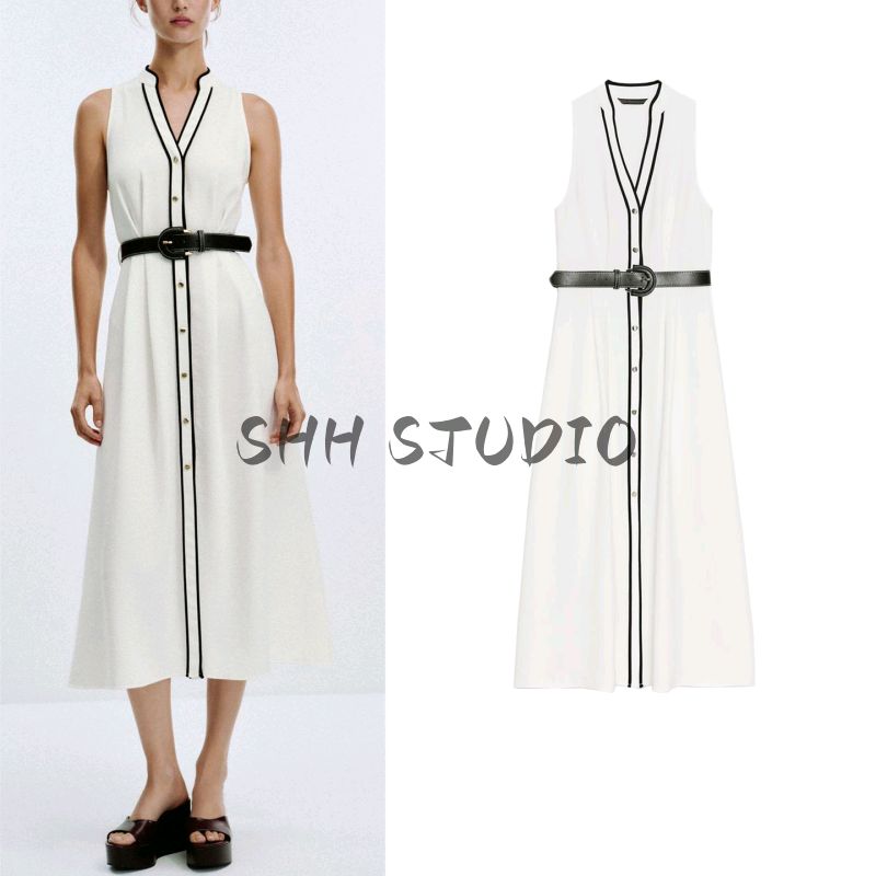 Summer New Product Women's Clothes Minimalist Round Neck Sleeveless Contrast Color Trim Belt Midi Skirt Dress 8552957