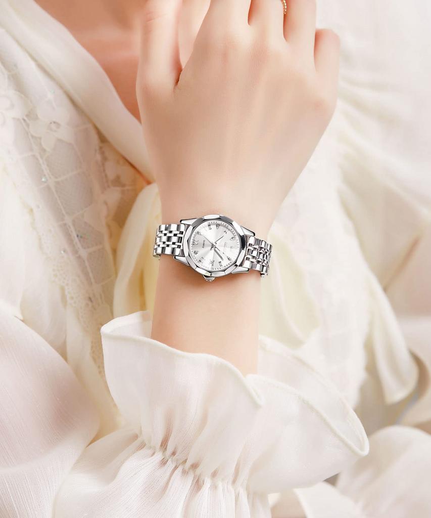 OLEVS Analog Quartz 30M Water Date Silver Stainless Steel Roman White Small Size Women's Watch, Resistant, Display, Band, Numerals, Dial,