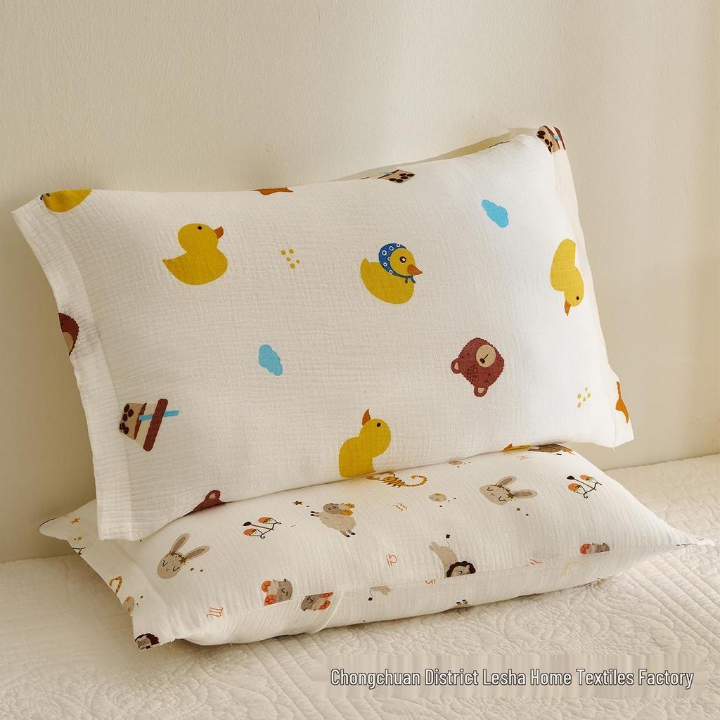 Class A Cartoon Crinkle Gauze Pillowcase Set - 100% Cotton for Kids, 2-Piece Set