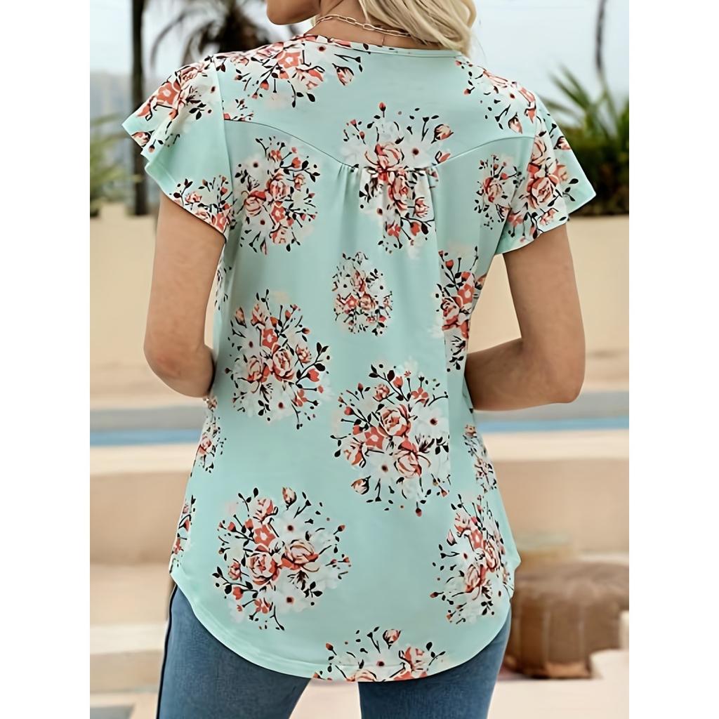 Женская свободная футболка с коротким рукавом и принтом, присборенная на пуговицах