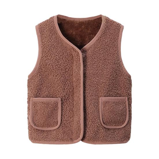 Детский флисовый жилет, безрукавка, однотонный, V-образный вырез, на молнии, с карманами, теплый зимний плюшевый жилет для мальчиков и девочек