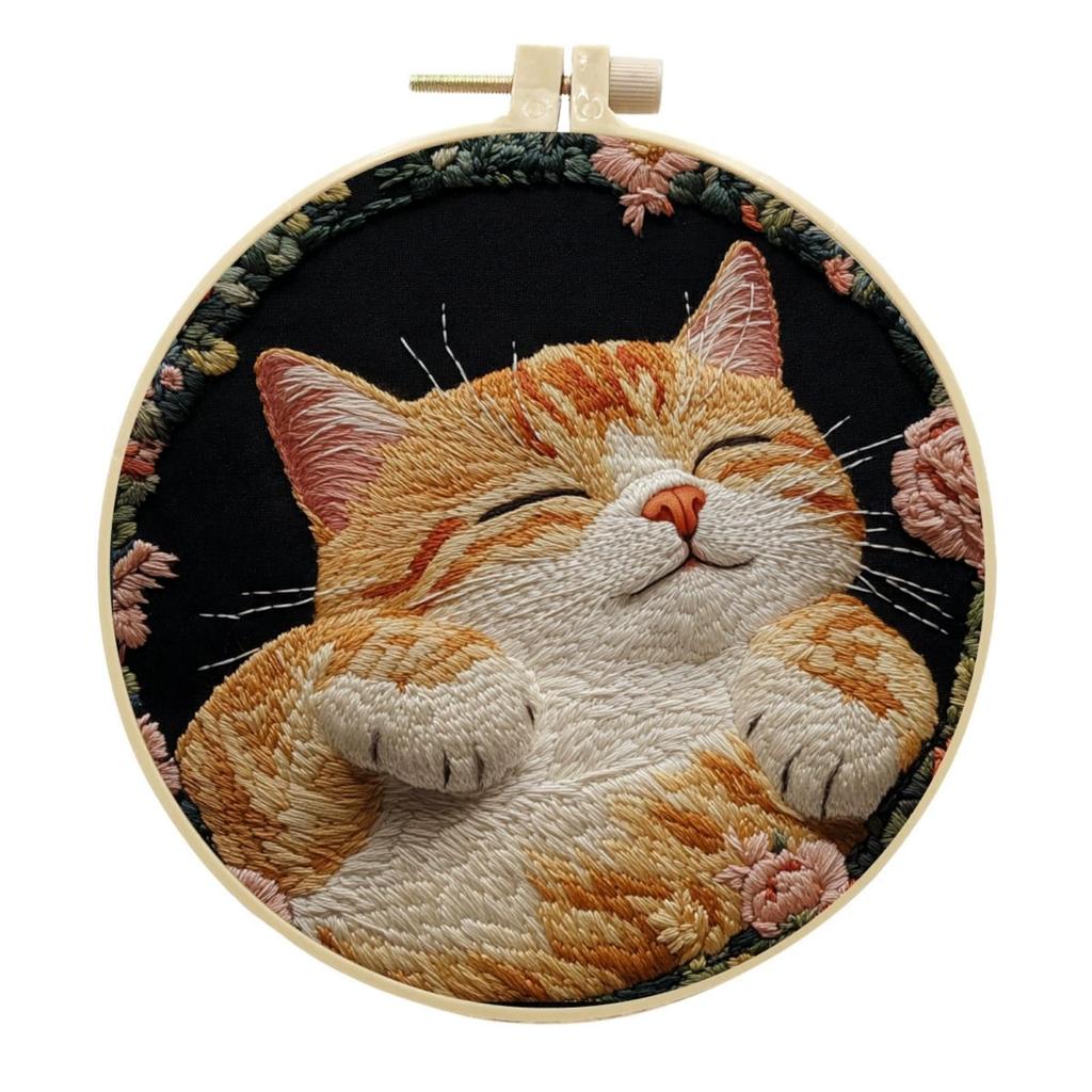 IUHUI Embroidery Kit for Advanced Adults Cute Cat Country II Pattern DIY Hand Stitch Embroidery Set with Hoop Cat - (Cute Flower)