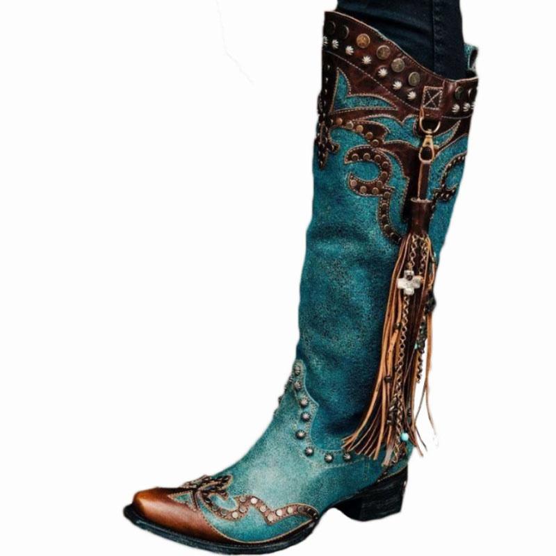 Women's Knee High Boots Retro PU Leather Mid-heel Ankle Boots with Rivet Tassel Boots