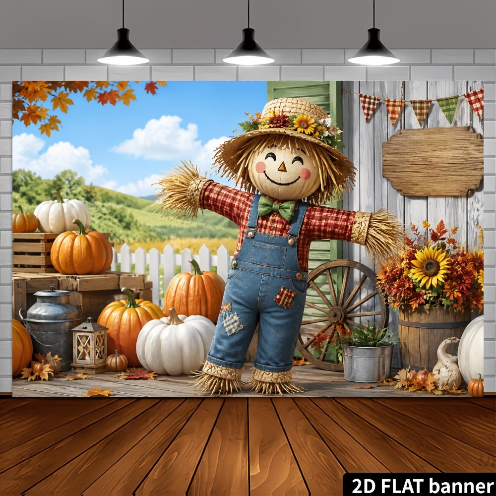 One 2D flag. A banner background for the autumn harvest theme, featuring elements such as scarecrows, pumpkins and maple leaves.