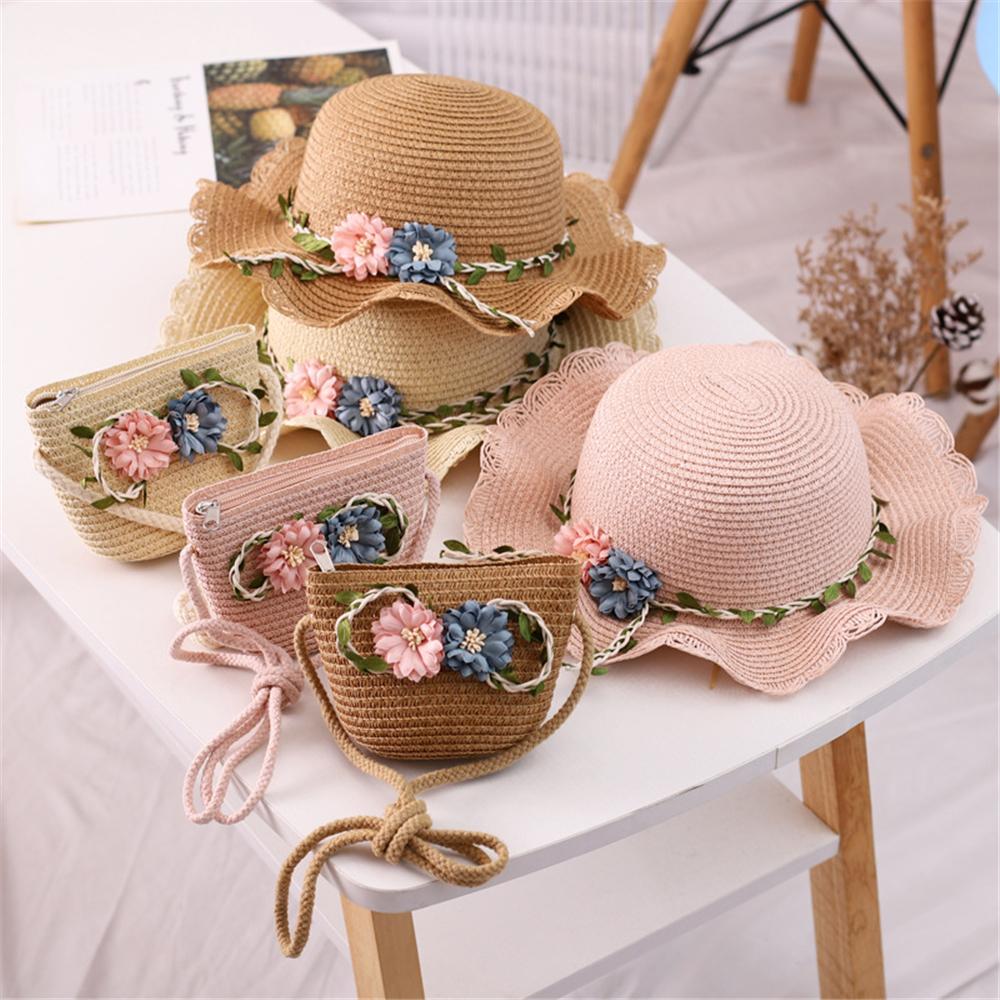 Cute Sun Beach Straw Weaving Girls Summer Hat Flower Sunshade Caps Wide Brim Hats Shoulder Bag