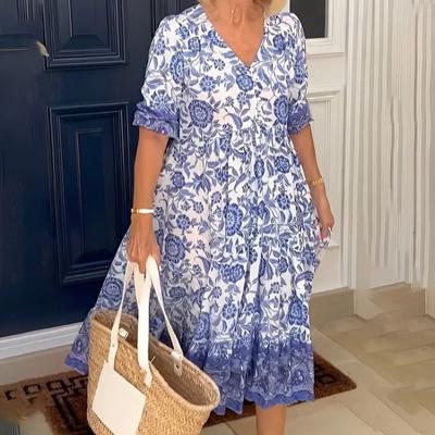 Летнее женское платье с коротким рукавом и цветочным принтом, большие размеры, модное элегантное свободное повседневное платье с V-образным вырезом, женское винтажное сексуальное клубное платье, женская одежда 25030