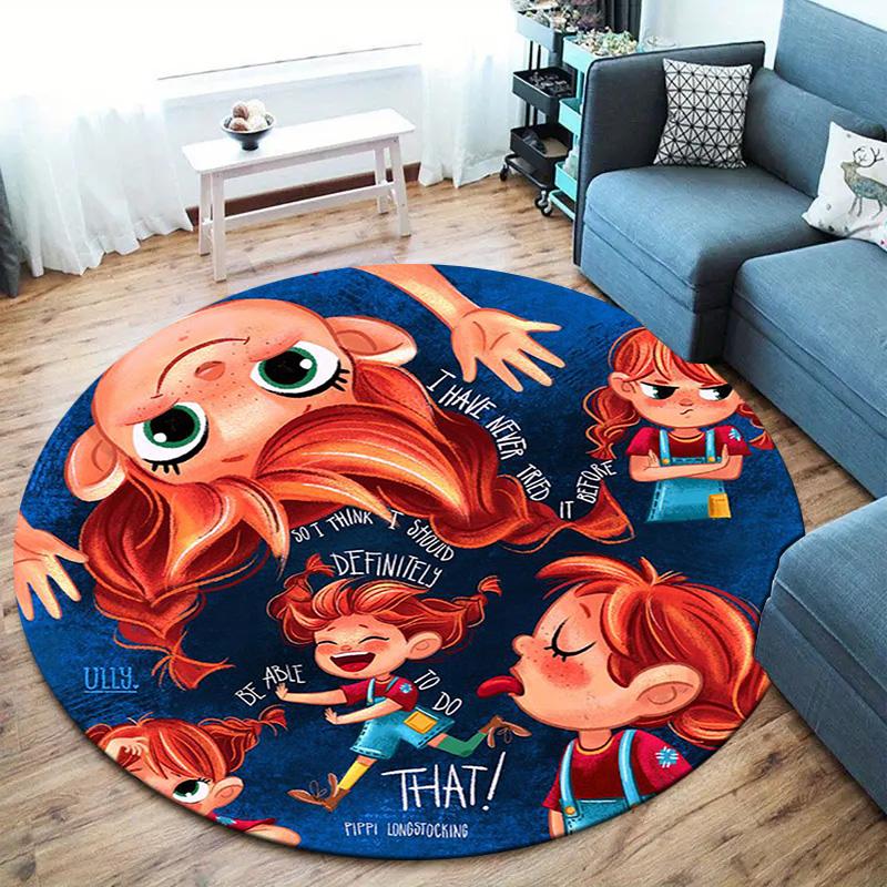 Pippi Longstocking Round Area Rug,Carpet Rug for Living Room Bedroom Sofa Playroom Decor,Non-slip Floor Mat