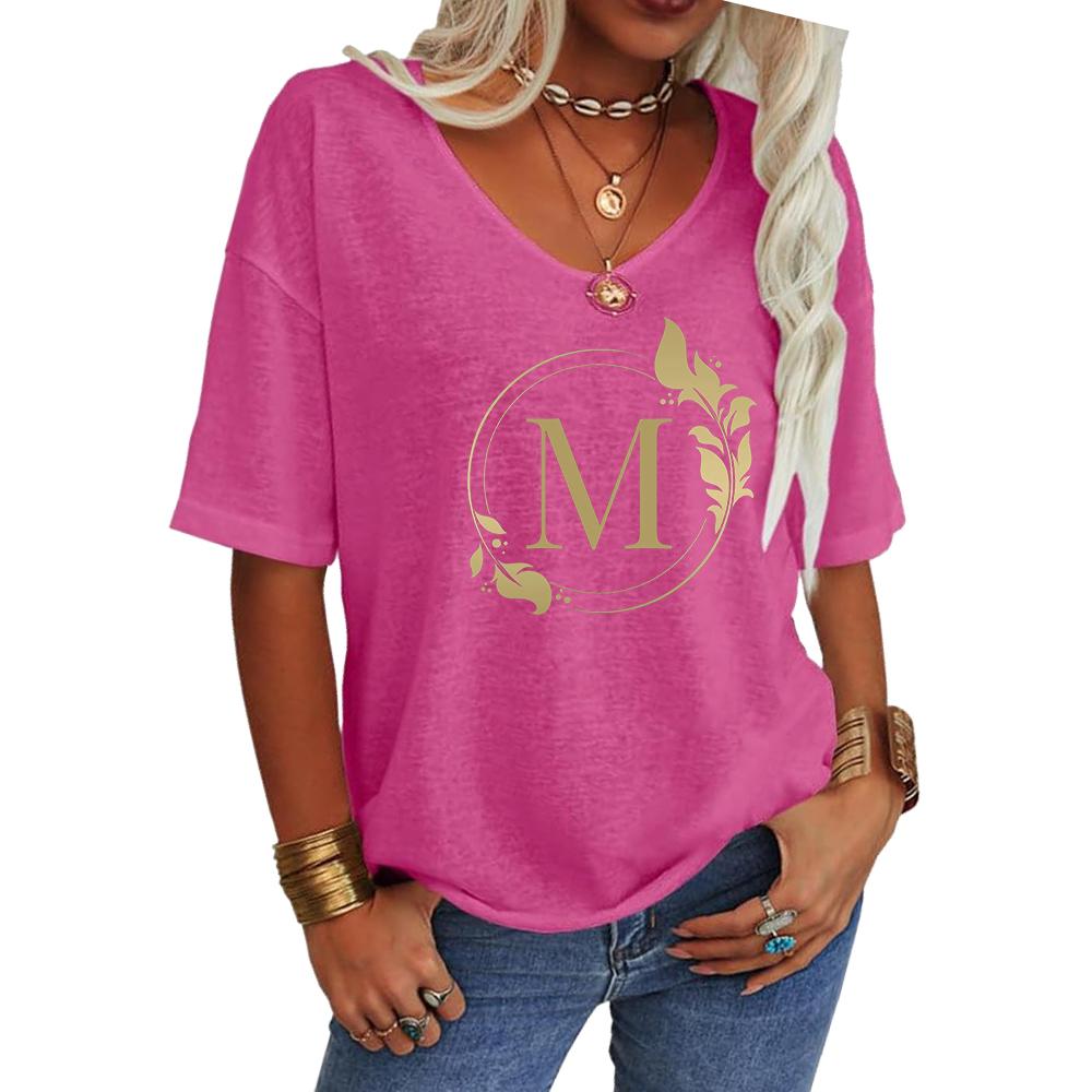 Women Fashion V Neck Tee Shirt Summer Casual Short Sleeve Top Loose Letter Print T-shirt
