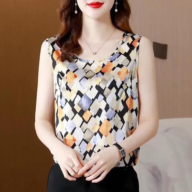 Летний женский жилет, новый размер плюс, без рукавов, шелковый принт, подтяжки, цветочная основа, рубашка
