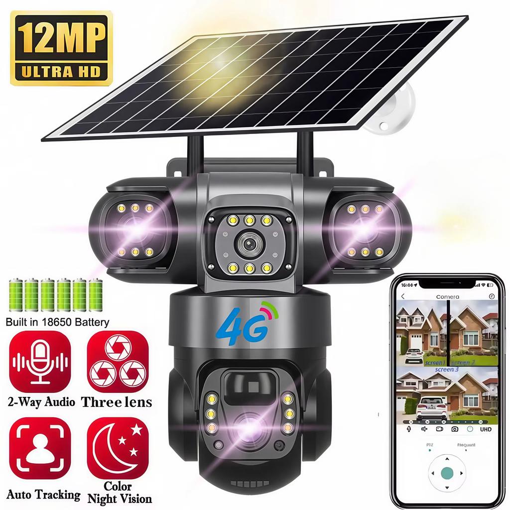 LS VISION Solar 4G Camera With Sim Card 12MP 6K Three Lens Three Screen Monitor Night Vision Security Protection PTZ Video Surveillance