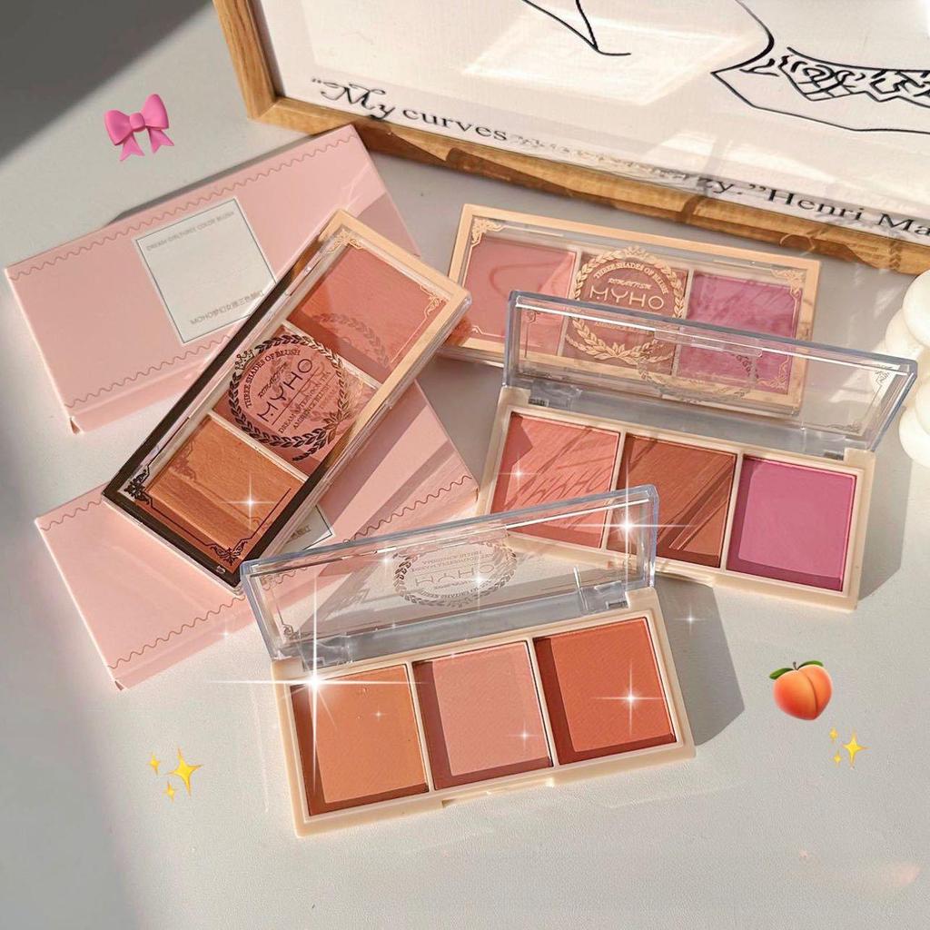 MYHO Tri-Color Blush Palette: Nude, Matte Milk Tea, Orange. Long-Lasting Rouge Makeup.