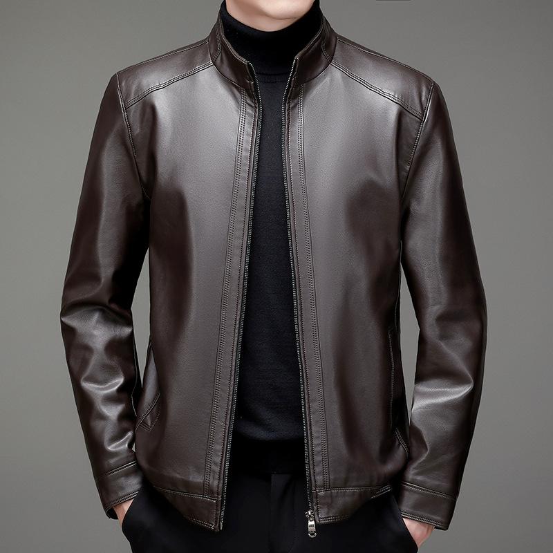 Autumn and Winter New Men's Leather Jacket Business Casual Stand-up Collar Fleece Thickened Leather Jacket Men's Jacket Plus Size