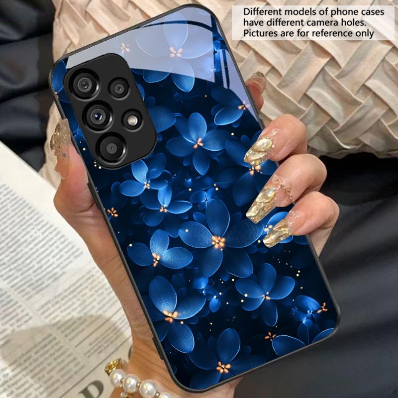 Синие и белые цветы Для Samsung Galaxy S10 S20 Plus S21 FE S22 23 24 S25 Ultra Черный чехол для телефона из закаленного стекла жесткий корпус