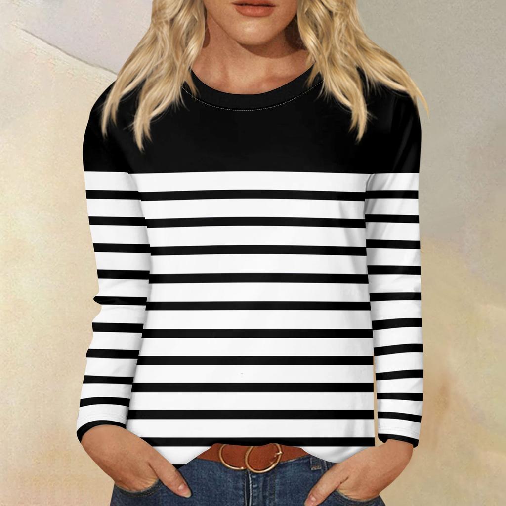 Рубашки с длинным рукавом для женщин, футболки в полоску с графическим принтом, блузки, повседневные базовые топы больших размеров, пуловеры