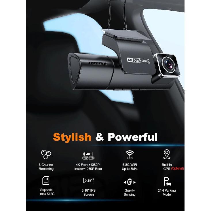 4K Triple Dash Cam GPS Front Inside and Rear 3CHs WiFi Car Camera with APP Control Night Vision 24H Parking Mode Loop Recording