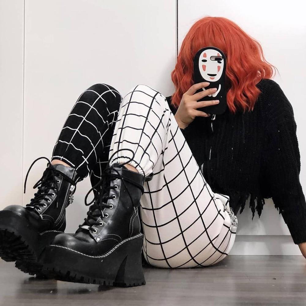 Винтажные клетчатые лоскутные брюки Harajuku женские брюки эластичные брюки с высокой талией повседневные прямые брюки в клетку в клетку с принтом