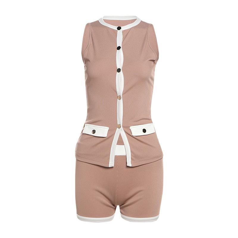Spring New Women's Clothing Temperament Sexy Contrast Color Sleeveless Button Cardigan Top Slim Shorts Suit