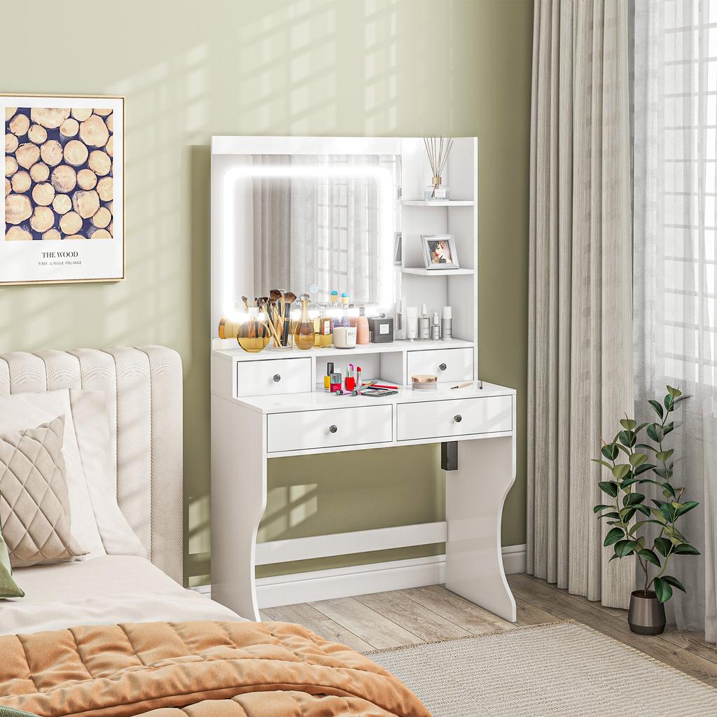 Makeup Vanity Table with LED Lights 3 Shades and Mirror, USB Sockets, 4 Drawers and Shelves, 90x45x160cm, White