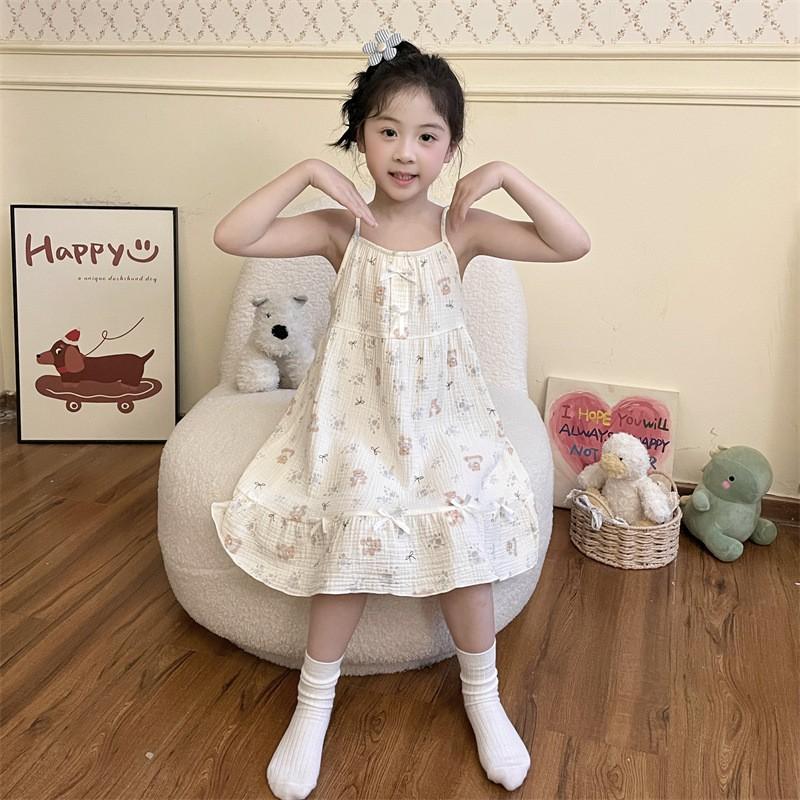 2026 Girls Cotton Gauze Pajama Set Short Sleeve Sleep Dress Cartoon Print Lightweight Home Wear Kids 8