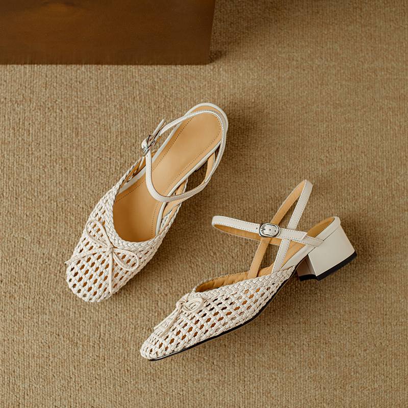 Krazing Pot Микрофибра Плетение Летний Размер 41 Средний Каблук Слингбэк Вечерние Туфли Женские Квадратный Носок Бант Гладиаторские С Вырезами Лодочки
