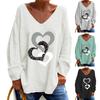 Women Casual T-shirt V-neck Long Sleeve Pullover Tops Rhinestones Heart Pattern Loose Fit Tee Shirt Streetwear