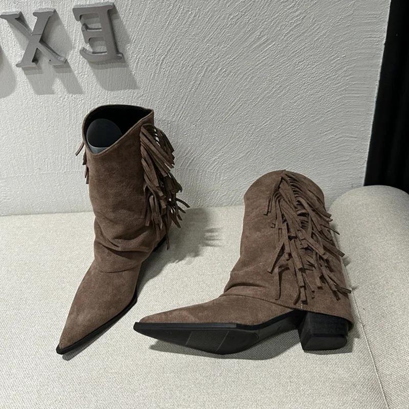 Vintage Square Heel Women Western Cowgirl Boots Fashion Slip On Shoes Autumn Winter Ladies Tassels Short Booties