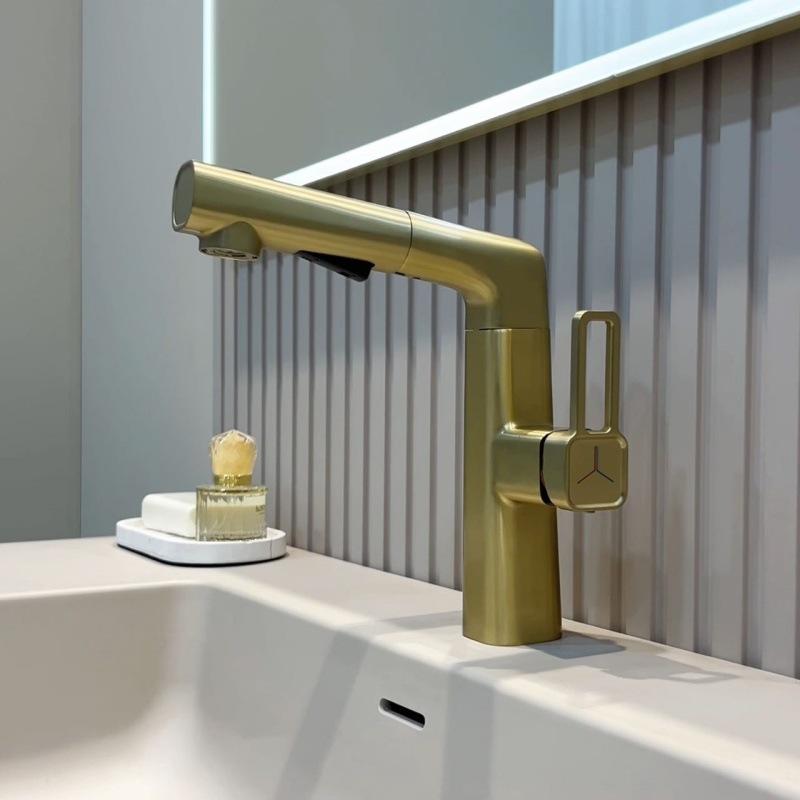 All copper Lamian Noodles basin milk white hot and cold faucet household lift bathroom gun ash wash basin wash basin faucet