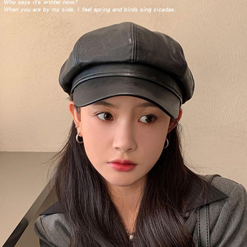 Berets Female Korean Version Small Pu Leather Caps Octagonal Caps