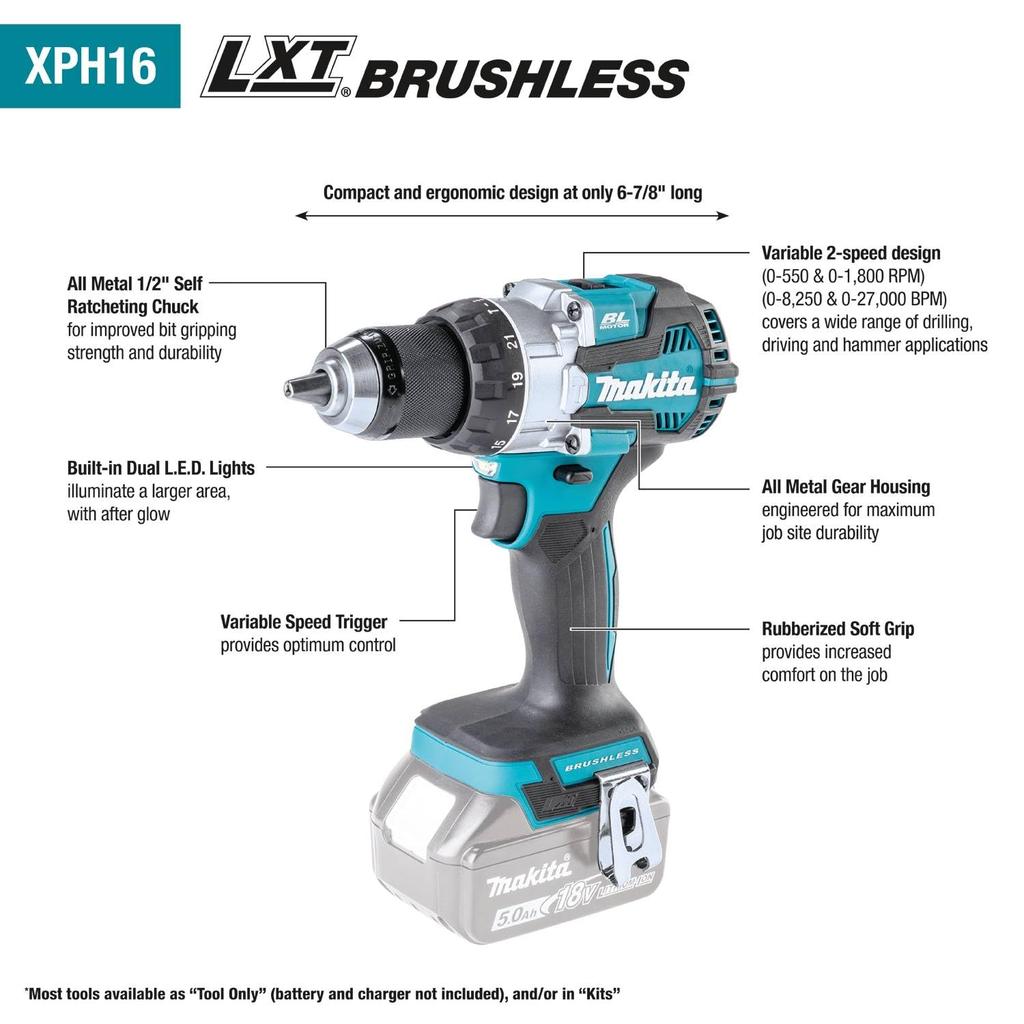 Makita XPH16Z 18V Compact Brushless Cordless Hammer Driver Drill LXT® Lithium-ion 1/2-inch (Tool Only)