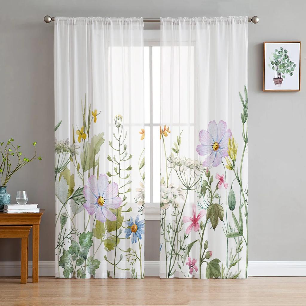 Retro Floral Wildflowers Transparent Curtains for Bed Chamber Living Room Decoration Window Panel Curtain Perfect for Cooking Area Netting Voile