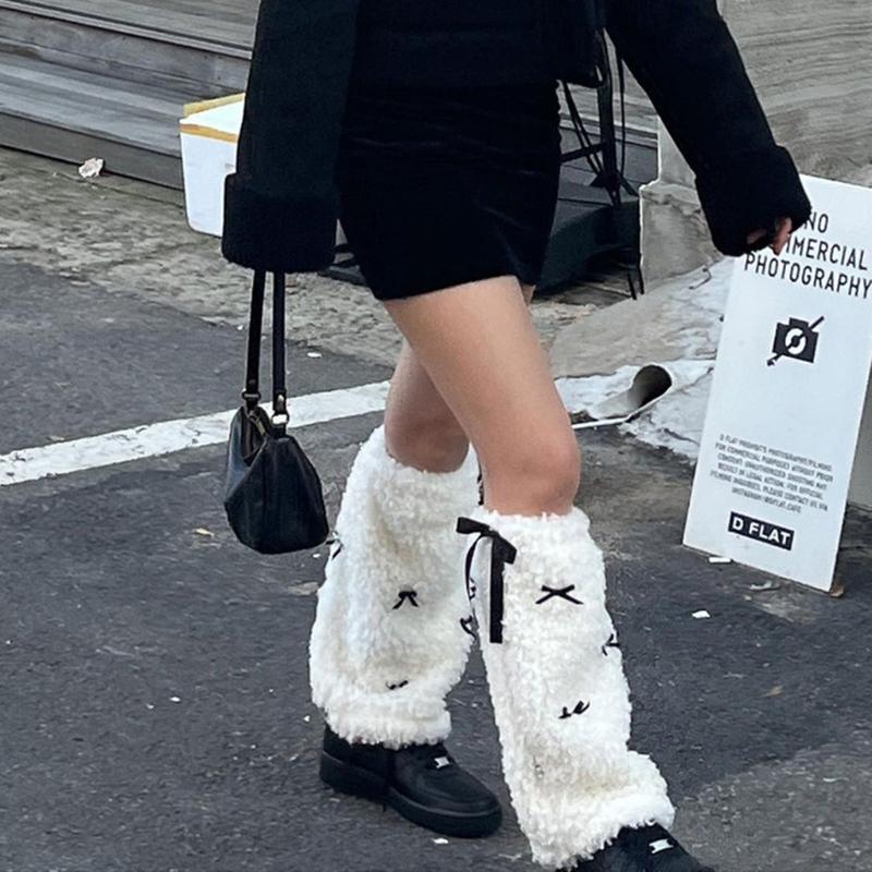 Bow Furs Leg Warmer Winter Furry Long Boot Cuffs Fuzzy Shoe Cover Party Costume for Holiday Festival Performances Play