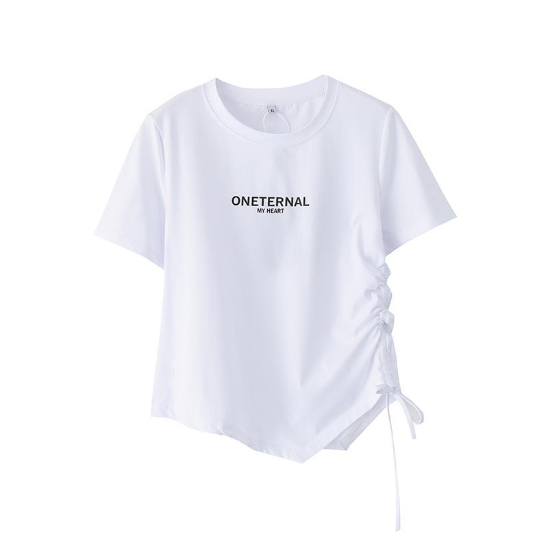 Short-sleeved T-shirt women's summer new large-size women's clothing pure desire style design round neck drawstring top 140274
