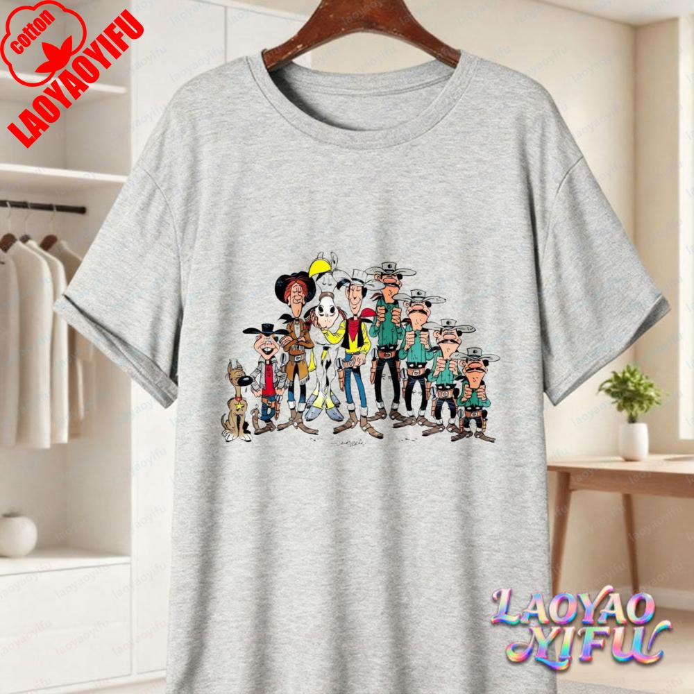 Classic Lucky Luke Cast Print Casual Tops Retro Western Animation Cotton TShirt Summer Casual Wear for Unisex Women Trendy Tee
