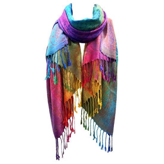 Imitation Wool Shawl Rainbow Color Art Printing Wrap Scarf with Tassels Women Poncho Shawl Blanket Scarf
