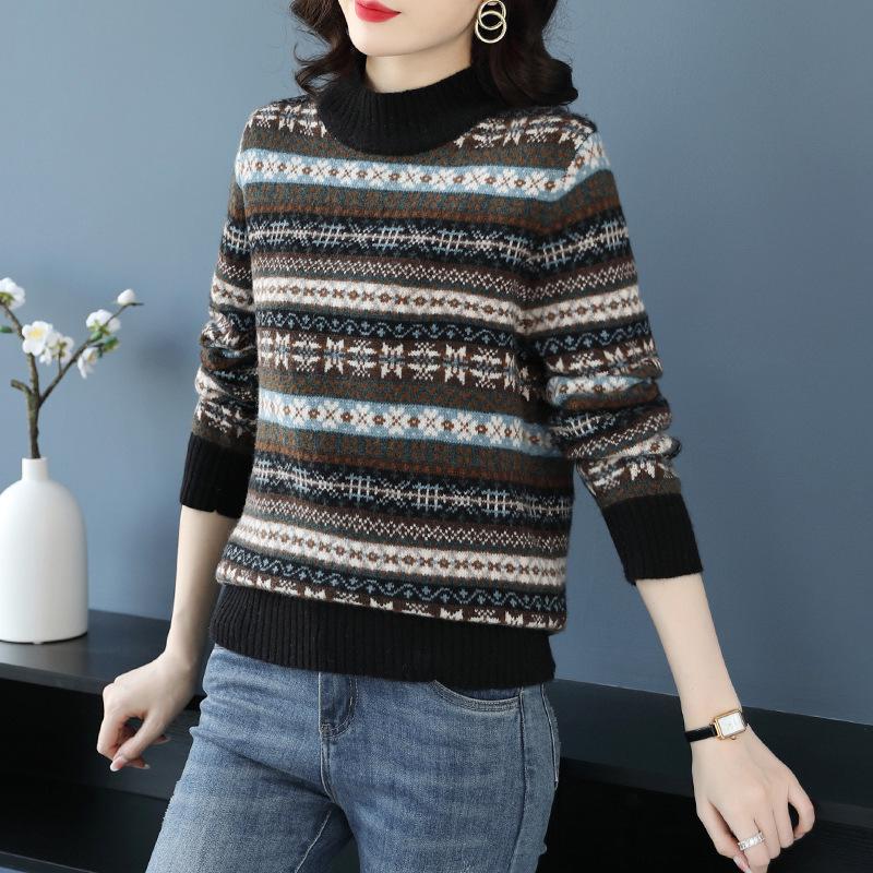 Women's Jacquard Pure Wool Sweater - Thickened Half-High Collar, Long Sleeve, Loose Knit - Autumn/Winter Fashion