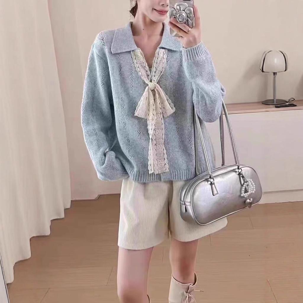 Кружевной кардиган с лацканами на шнуровке, вязаный топ, новый свободный ленивый свитер-жакет для женщин на осень и зиму