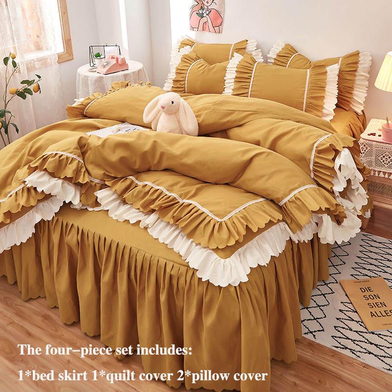 Four-piece Bed Skirt Thick Brushed Korean Style Bed Skirt and Quilt Cover Three-piece Princess Style Bedding