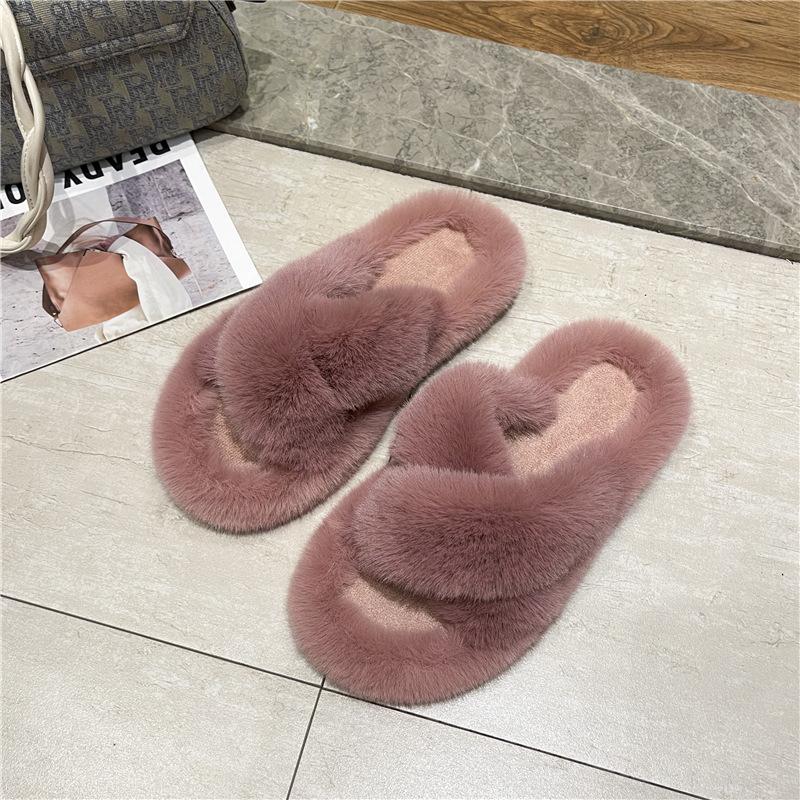 Модные пушистые тапочки с перекрестными ремешками, женские зимние теплые домашние тапочки на меху, женская удобная нескользящая домашняя обувь на мягкой подошве, 2024 г.