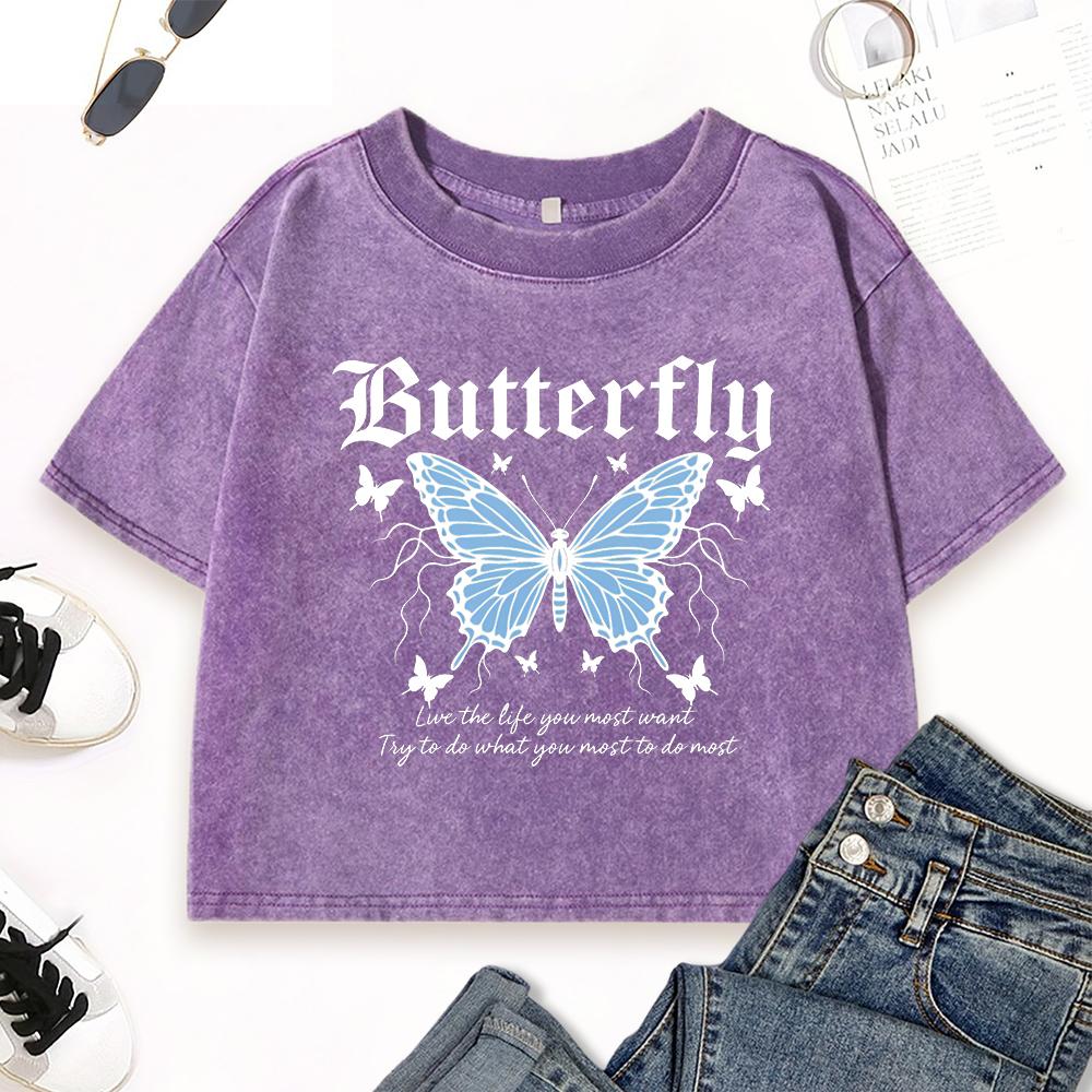 Blue Butterfly Art Letter Printed Washed T-Shirt Women Slim Cotton T Shirts Crop Y2K O-Neck Clothes Casual Top