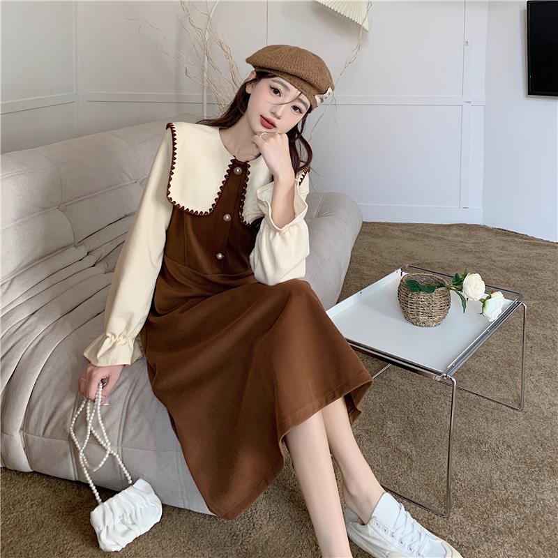 Осень-зима утолщенный вельветовый трапециевидный силуэт Платье для женщин повседневное свободное с длинным рукавом Женские платья с воротником Питер Пэн До середины икры vestidos