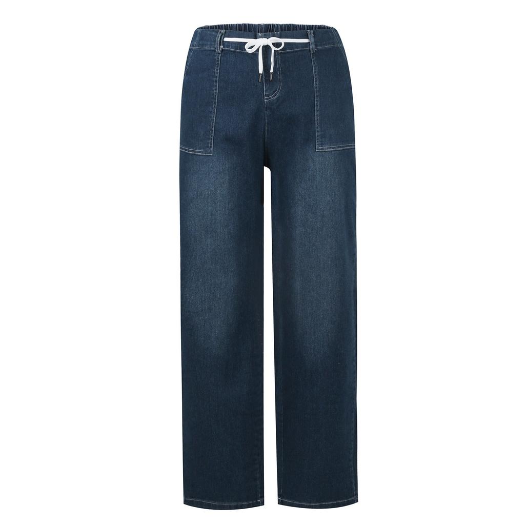 Women's Fashion Casual Pencil Pant Solid Color Elastic Waist Pocket Tie Jeans