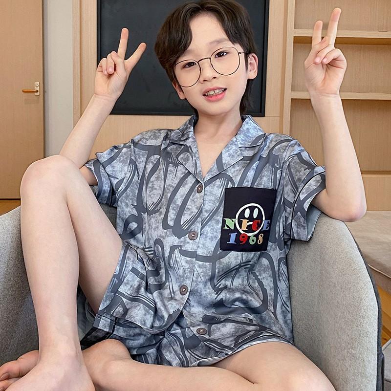 2026 Boys Short Sleeve Ice Silk Pajama Set Cartoon Print Lightweight Home Wear Ages 8